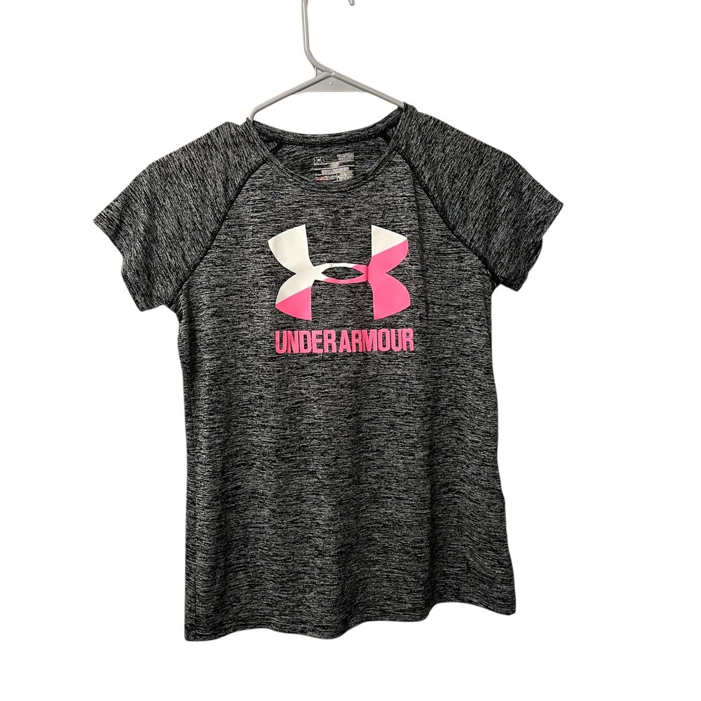Under Armour Girls Heatgear Loose Fit Short‎ Sleeve Shirt Gray Pink Logo Large